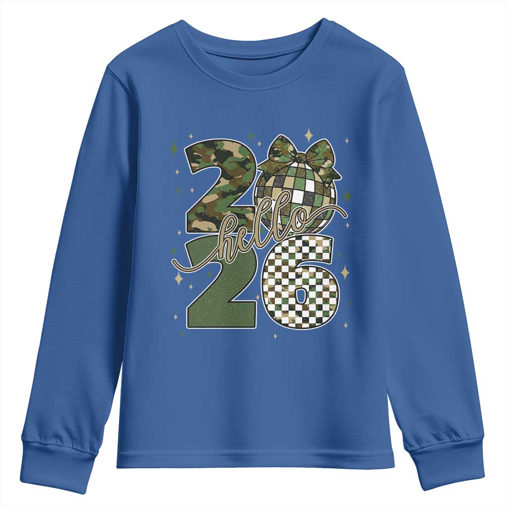 Camo Happy New Year Party 2026 Youth Sweatshirt Camouflage Disco Ball TS11 Royal Blue Print Your Wear