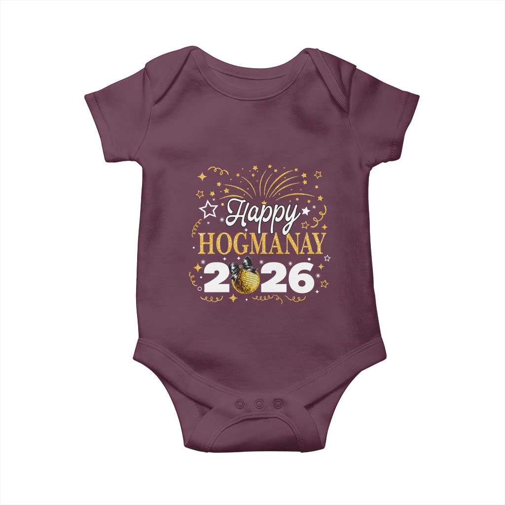 Scottish New Year 2026 Baby Onesie Happy Hogmanay NYE Party Faux Glitter Effect Printed TS11 Maroon Print Your Wear