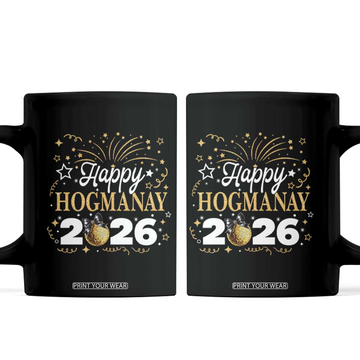 Scottish New Year 2026 Coffee Mug Happy Hogmanay NYE Party Faux Glitter Effect Printed TS11 Black Print Your Wear