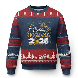 Scottish New Year 2026 Ugly Christmas Sweater Happy Hogmanay NYE Party Faux Glitter Effect Printed TS11 Navy Red Print Your Wear