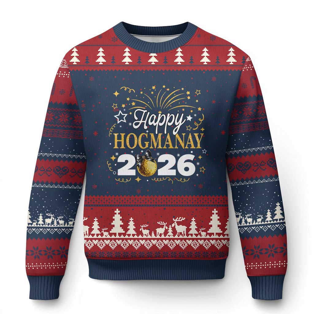Scottish New Year 2026 Ugly Christmas Sweater Happy Hogmanay NYE Party Faux Glitter Effect Printed TS11 Navy Red Print Your Wear