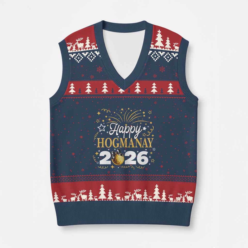 Scottish New Year 2026 V-Neck Knit Sweater Vest Happy Hogmanay NYE Party Faux Glitter Effect Printed TS11 Navy Red Print Your Wear