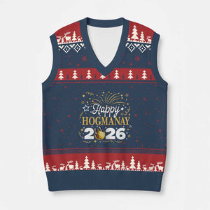 Scottish New Year 2026 V-Neck Knit Sweater Vest Happy Hogmanay NYE Party Faux Glitter Effect Printed TS11 Navy Red Print Your Wear