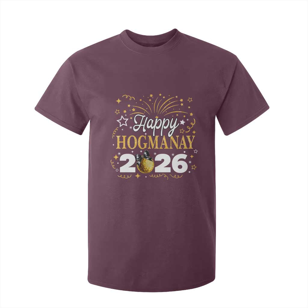 Scottish New Year 2026 T Shirt For Kid Happy Hogmanay NYE Party Faux Glitter Effect Printed TS11 Maroon Print Your Wear