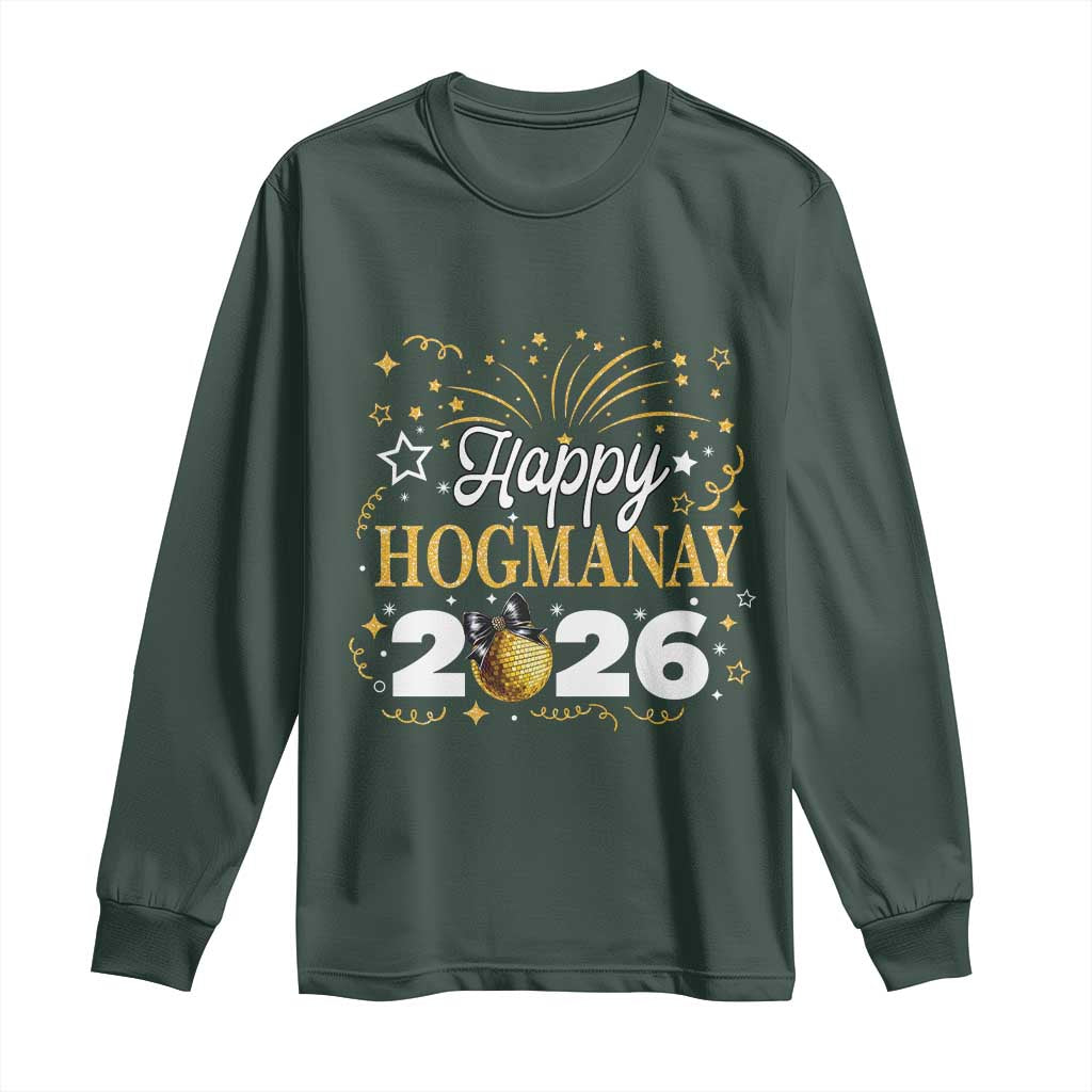 Scottish New Year 2026 Long Sleeve Shirt Happy Hogmanay NYE Party Faux Glitter Effect Printed TS11 Dark Forest Green Print Your Wear