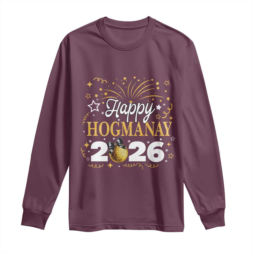 Scottish New Year 2026 Long Sleeve Shirt Happy Hogmanay NYE Party Faux Glitter Effect Printed TS11 Maroon Print Your Wear
