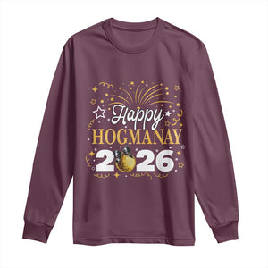 Scottish New Year 2026 Long Sleeve Shirt Happy Hogmanay NYE Party Faux Glitter Effect Printed TS11 Maroon Print Your Wear