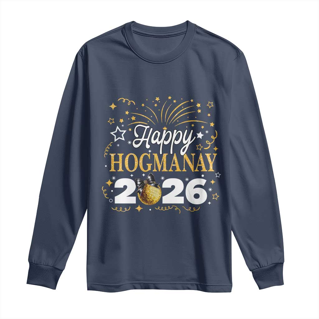 Scottish New Year 2026 Long Sleeve Shirt Happy Hogmanay NYE Party Faux Glitter Effect Printed TS11 Navy Print Your Wear