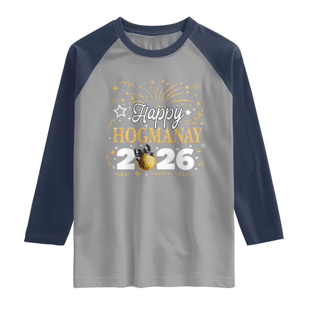 Scottish New Year 2026 Raglan Shirt Happy Hogmanay NYE Party Faux Glitter Effect Printed TS11 Sport Gray Navy Print Your Wear