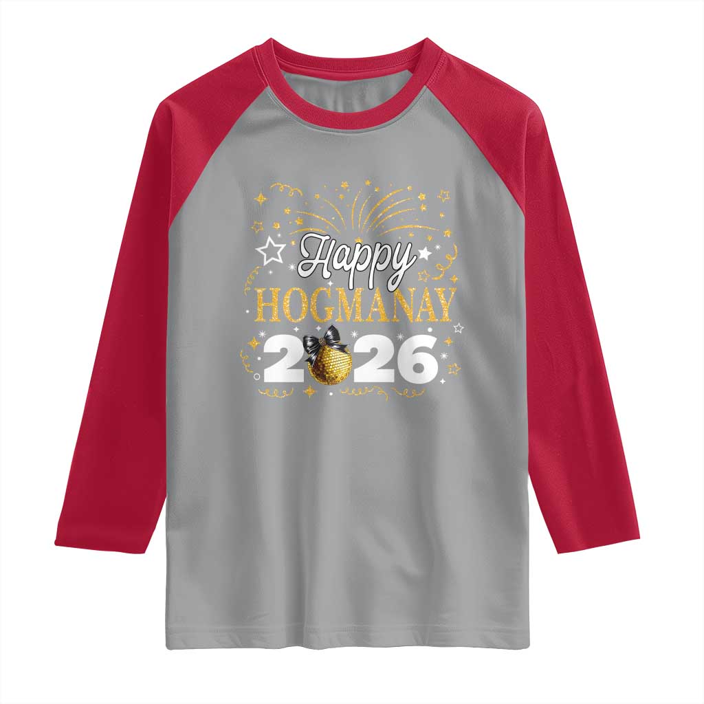 Scottish New Year 2026 Raglan Shirt Happy Hogmanay NYE Party Faux Glitter Effect Printed TS11 Sport Gray Red Print Your Wear