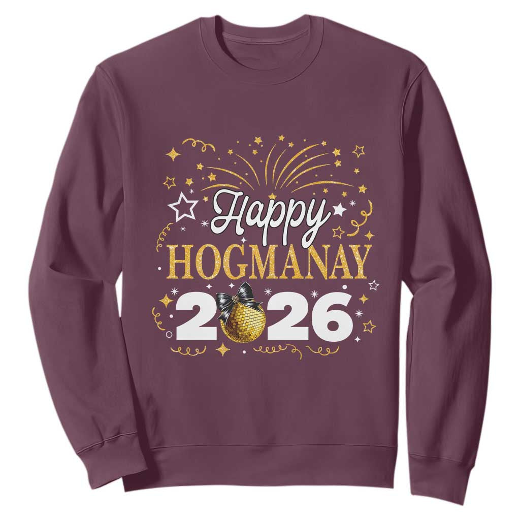 Scottish New Year 2026 Sweatshirt Happy Hogmanay NYE Party Faux Glitter Effect Printed TS11 Maroon Print Your Wear
