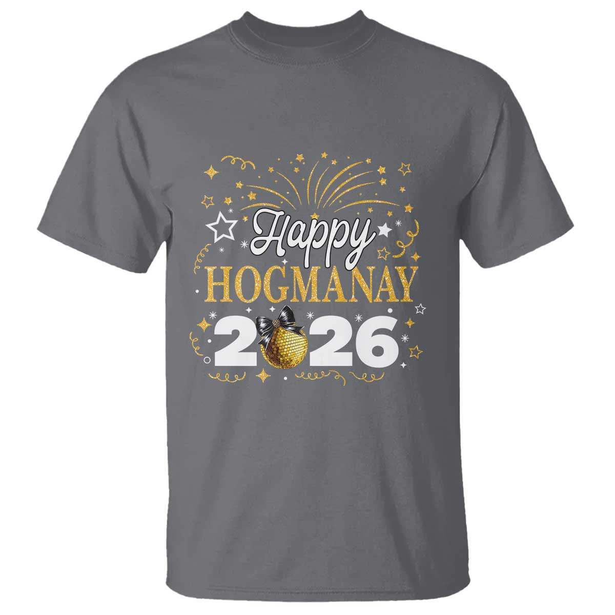 Scottish New Year 2026 T Shirt Happy Hogmanay NYE Party Faux Glitter Effect Printed TS11 Charcoal Print Your Wear