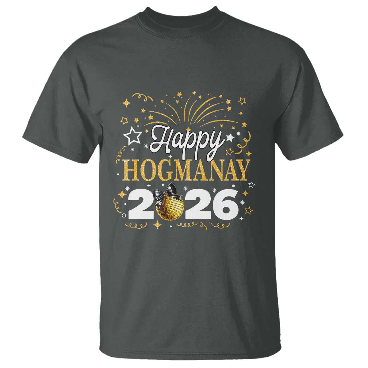 Scottish New Year 2026 T Shirt Happy Hogmanay NYE Party Faux Glitter Effect Printed TS11 Dark Heather Print Your Wear