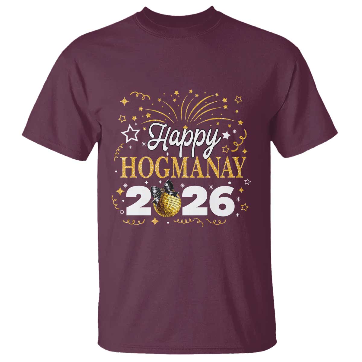 Scottish New Year 2026 T Shirt Happy Hogmanay NYE Party Faux Glitter Effect Printed TS11 Maroon Print Your Wear