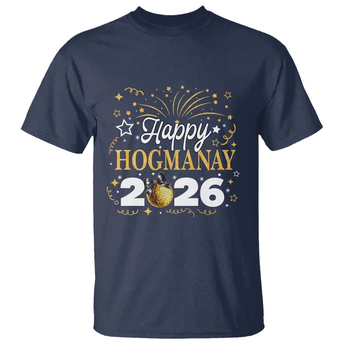 Scottish New Year 2026 T Shirt Happy Hogmanay NYE Party Faux Glitter Effect Printed TS11 Navy Print Your Wear