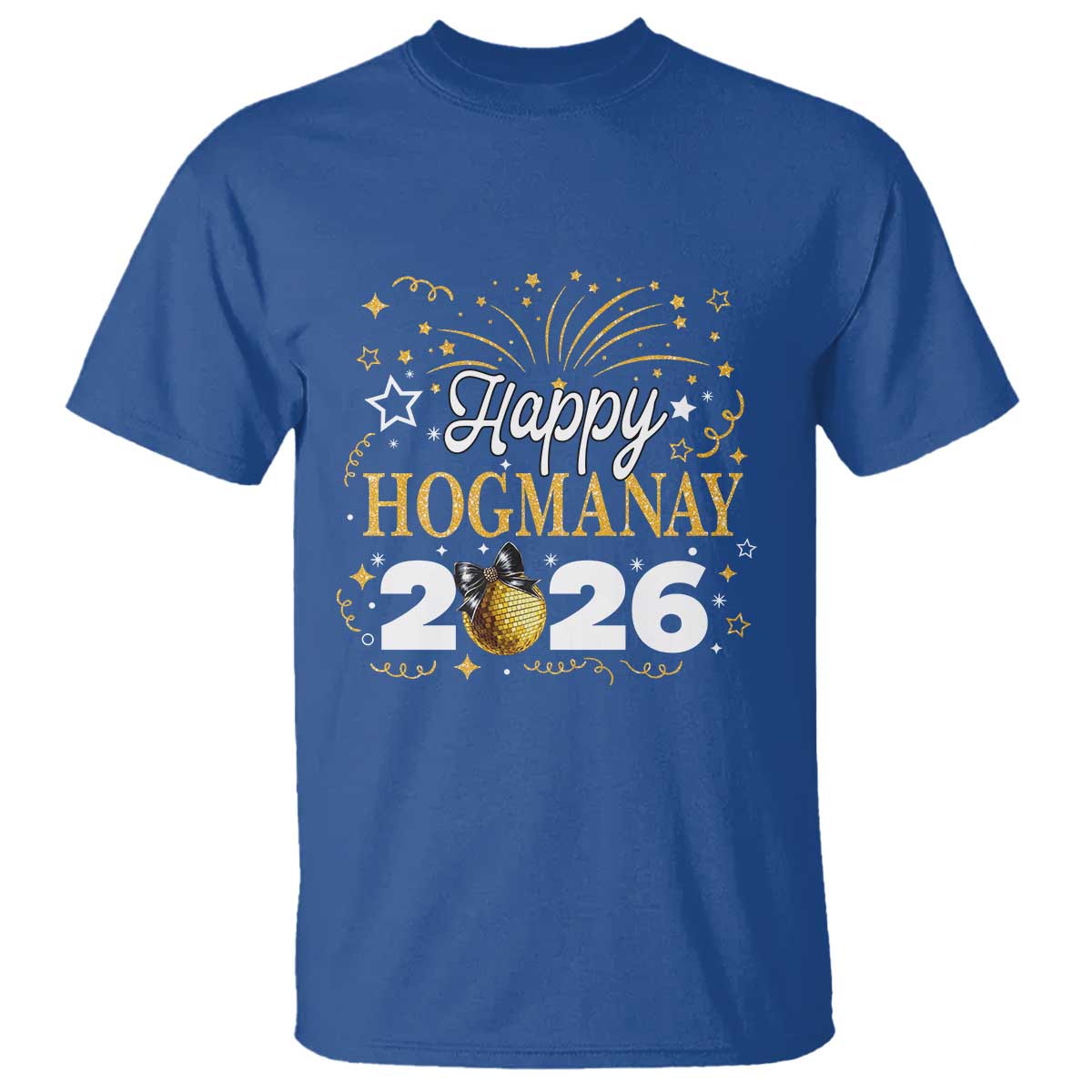 Scottish New Year 2026 T Shirt Happy Hogmanay NYE Party Faux Glitter Effect Printed TS11 Royal Blue Print Your Wear
