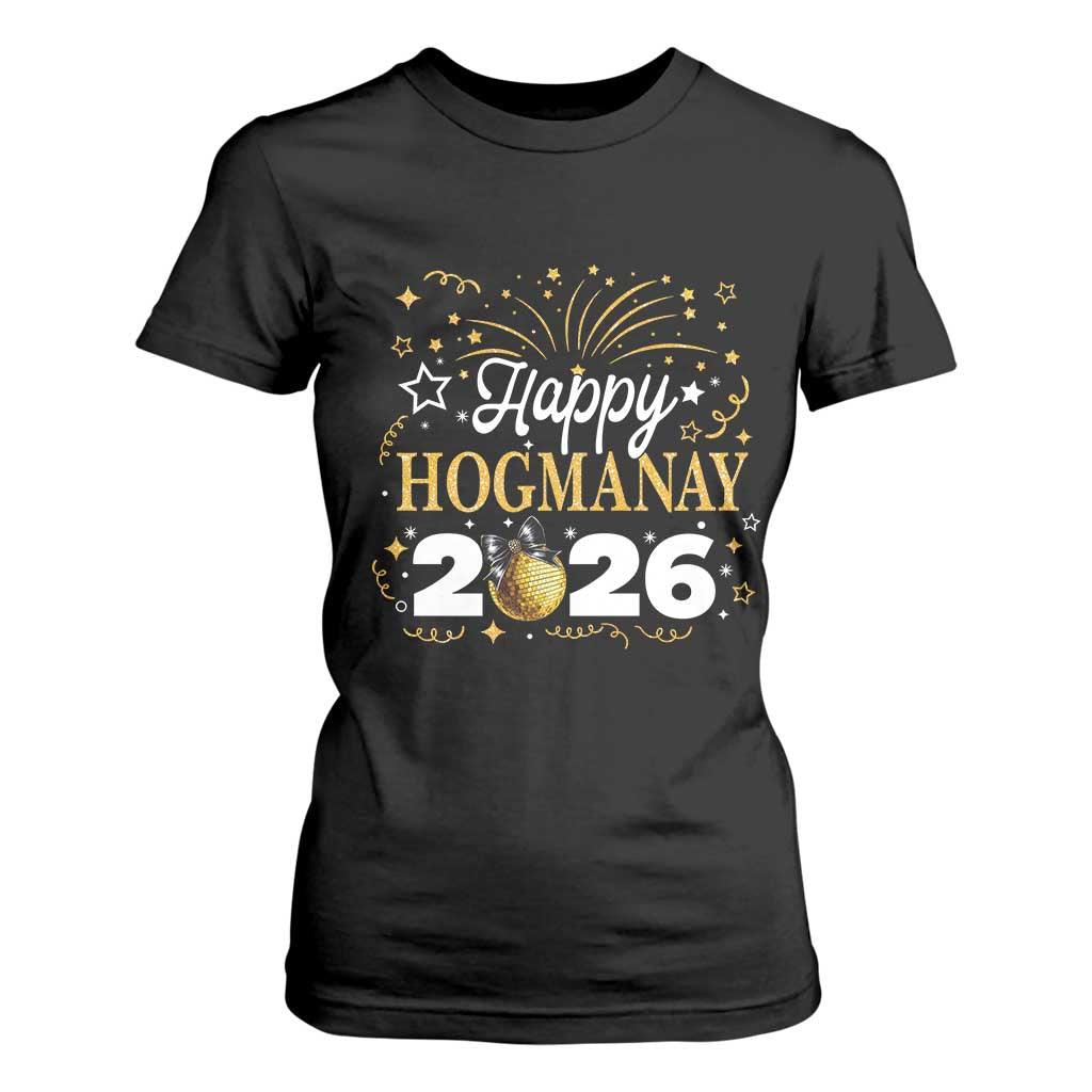 Scottish New Year 2026 T Shirt For Women Happy Hogmanay NYE Party Faux Glitter Effect Printed TS11 Black Print Your Wear