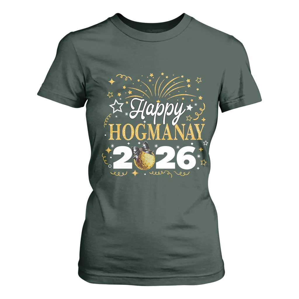 Scottish New Year 2026 T Shirt For Women Happy Hogmanay NYE Party Faux Glitter Effect Printed TS11 Dark Forest Green Print Your Wear