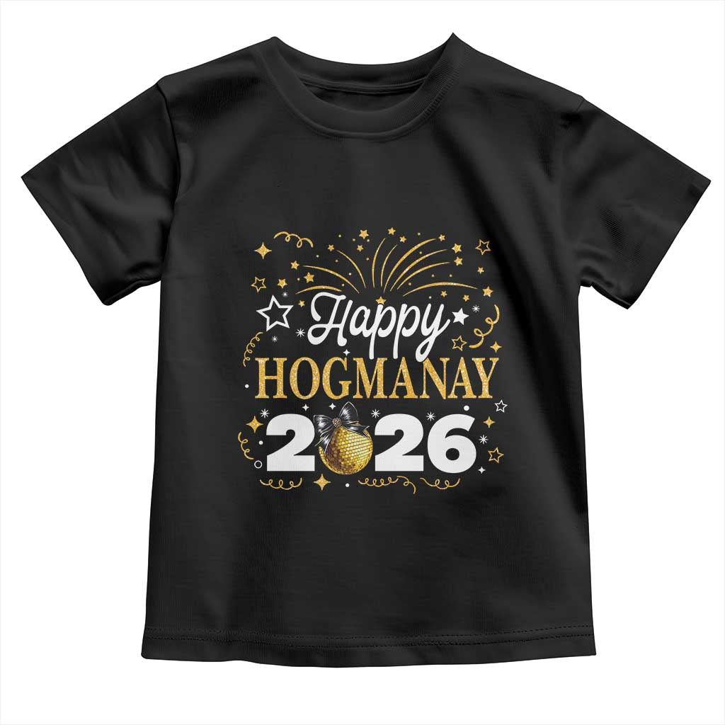 Scottish New Year 2026 Toddler T Shirt Happy Hogmanay NYE Party Faux Glitter Effect Printed TS11 Black Print Your Wear