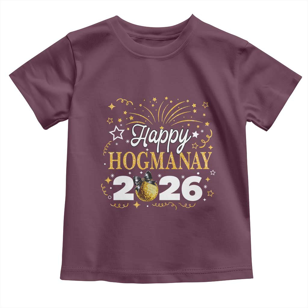 Scottish New Year 2026 Toddler T Shirt Happy Hogmanay NYE Party Faux Glitter Effect Printed TS11 Maroon Print Your Wear