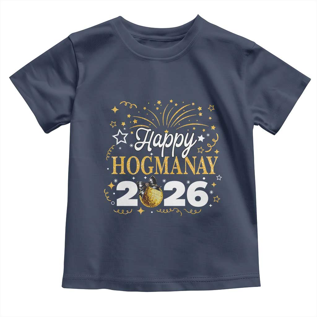 Scottish New Year 2026 Toddler T Shirt Happy Hogmanay NYE Party Faux Glitter Effect Printed TS11 Navy Print Your Wear