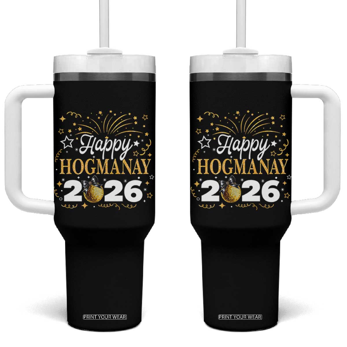 Scottish New Year 2026 Tumbler With Handle Happy Hogmanay NYE Party Faux Glitter Effect Printed TS11 One Size: 40 oz Black Print Your Wear
