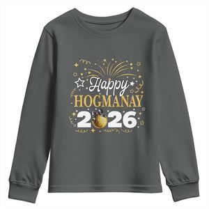 Scottish New Year 2026 Youth Sweatshirt Happy Hogmanay NYE Party Faux Glitter Effect Printed TS11 Dark Heather Print Your Wear