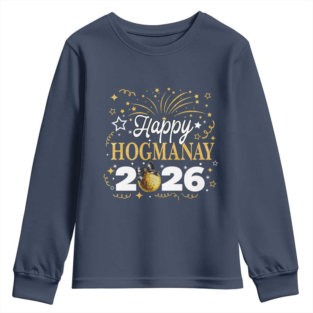 Scottish New Year 2026 Youth Sweatshirt Happy Hogmanay NYE Party Faux Glitter Effect Printed TS11 Navy Print Your Wear