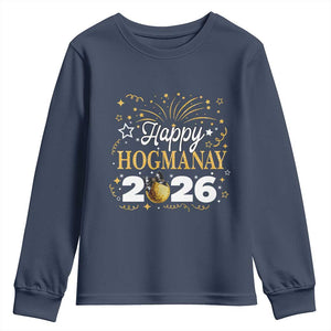 Scottish New Year 2026 Youth Sweatshirt Happy Hogmanay NYE Party Faux Glitter Effect Printed TS11 Navy Print Your Wear