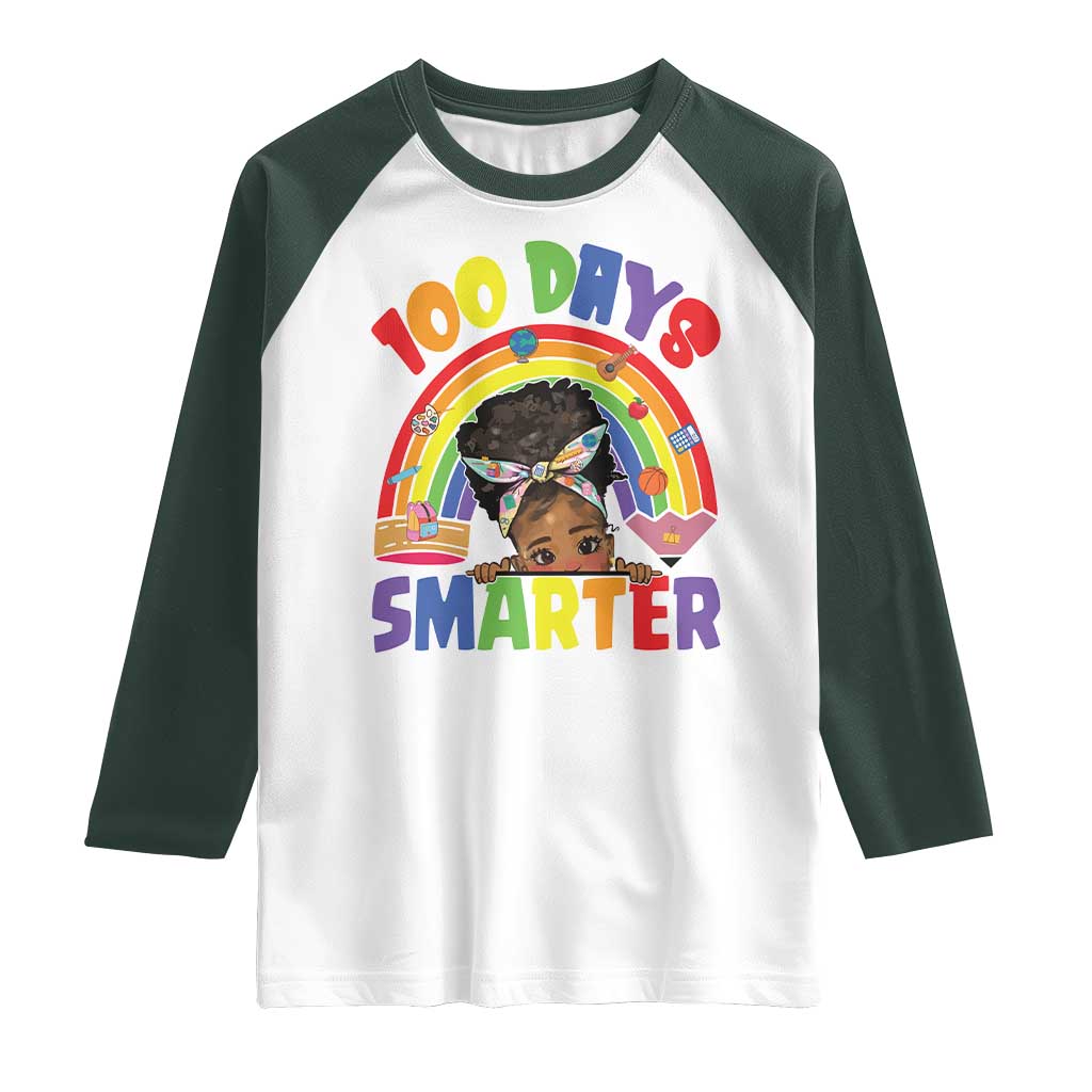 Funny 100 Days Smarter Afro African American Girl Raglan Shirt TS11 White Dark Forest Green Print Your Wear