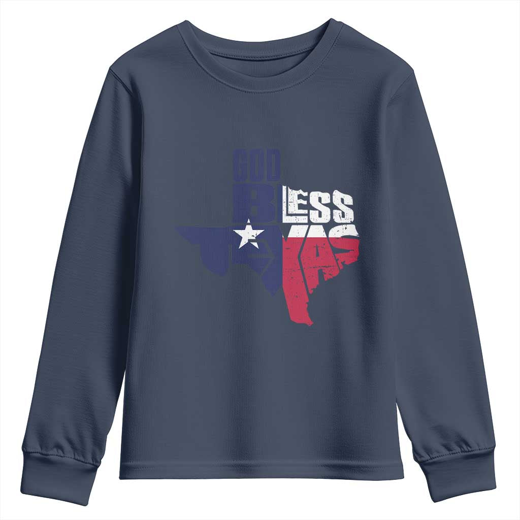 American Texan Youth Sweatshirt God Bless Texas TX Flag TS11 Navy Print Your Wear