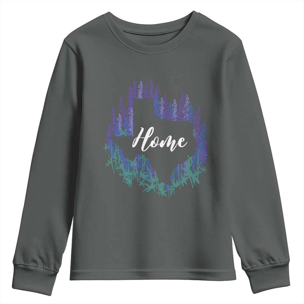 Texas Home State Map Pride Bluebonnets Youth Sweatshirt TS11 Dark Heather Print Your Wear