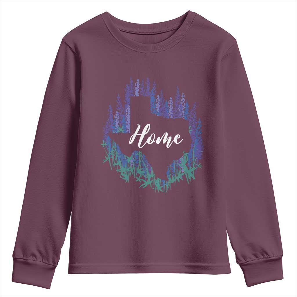 Texas Home State Map Pride Bluebonnets Youth Sweatshirt TS11 Maroon Print Your Wear