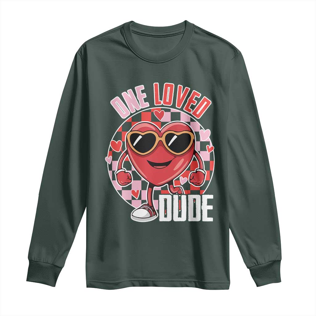 Funny Valentine's Day Long Sleeve Shirt One Loved Dude Cute Heart Checkerboard TS11 Dark Forest Green Print Your Wear