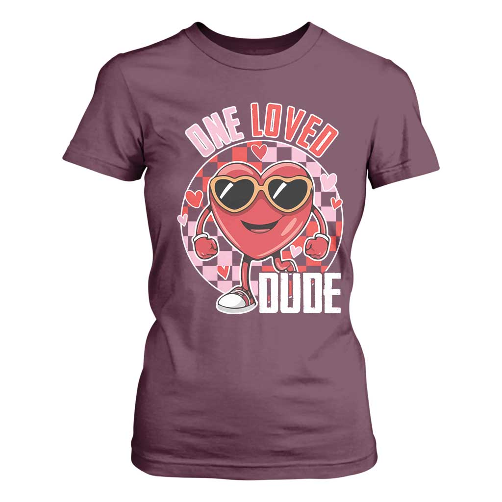 Funny Valentine's Day T Shirt For Women One Loved Dude Cute Heart Checkerboard TS11 Maroon Print Your Wear