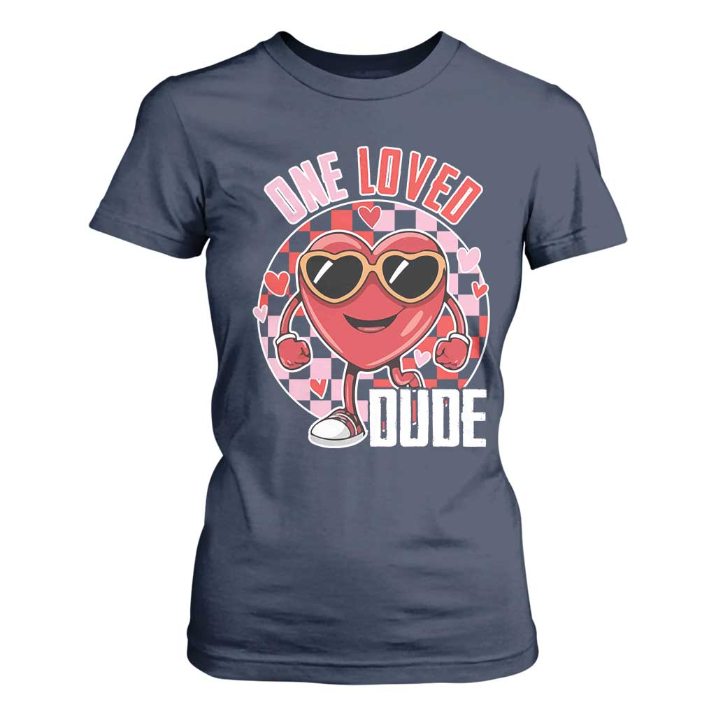 Funny Valentine's Day T Shirt For Women One Loved Dude Cute Heart Checkerboard TS11 Navy Print Your Wear