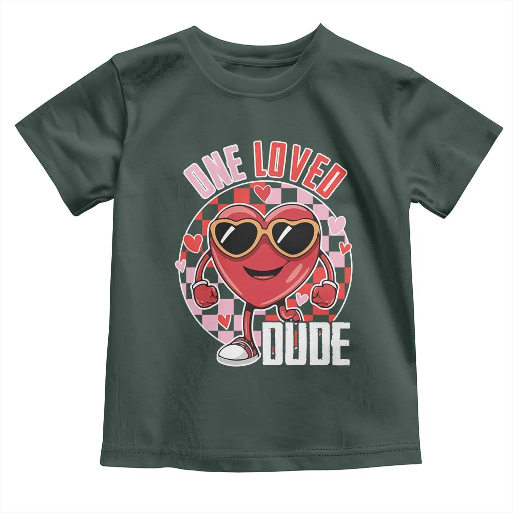 Funny Valentine's Day Toddler T Shirt One Loved Dude Cute Heart Checkerboard TS11 Dark Forest Green Print Your Wear