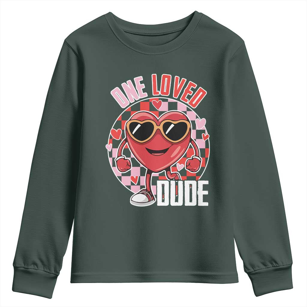 Funny Valentine's Day Youth Sweatshirt One Loved Dude Cute Heart Checkerboard TS11 Dark Forest Green Print Your Wear