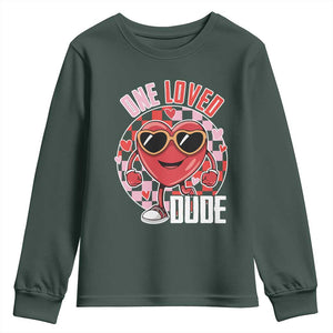 Funny Valentine's Day Youth Sweatshirt One Loved Dude Cute Heart Checkerboard TS11 Dark Forest Green Print Your Wear