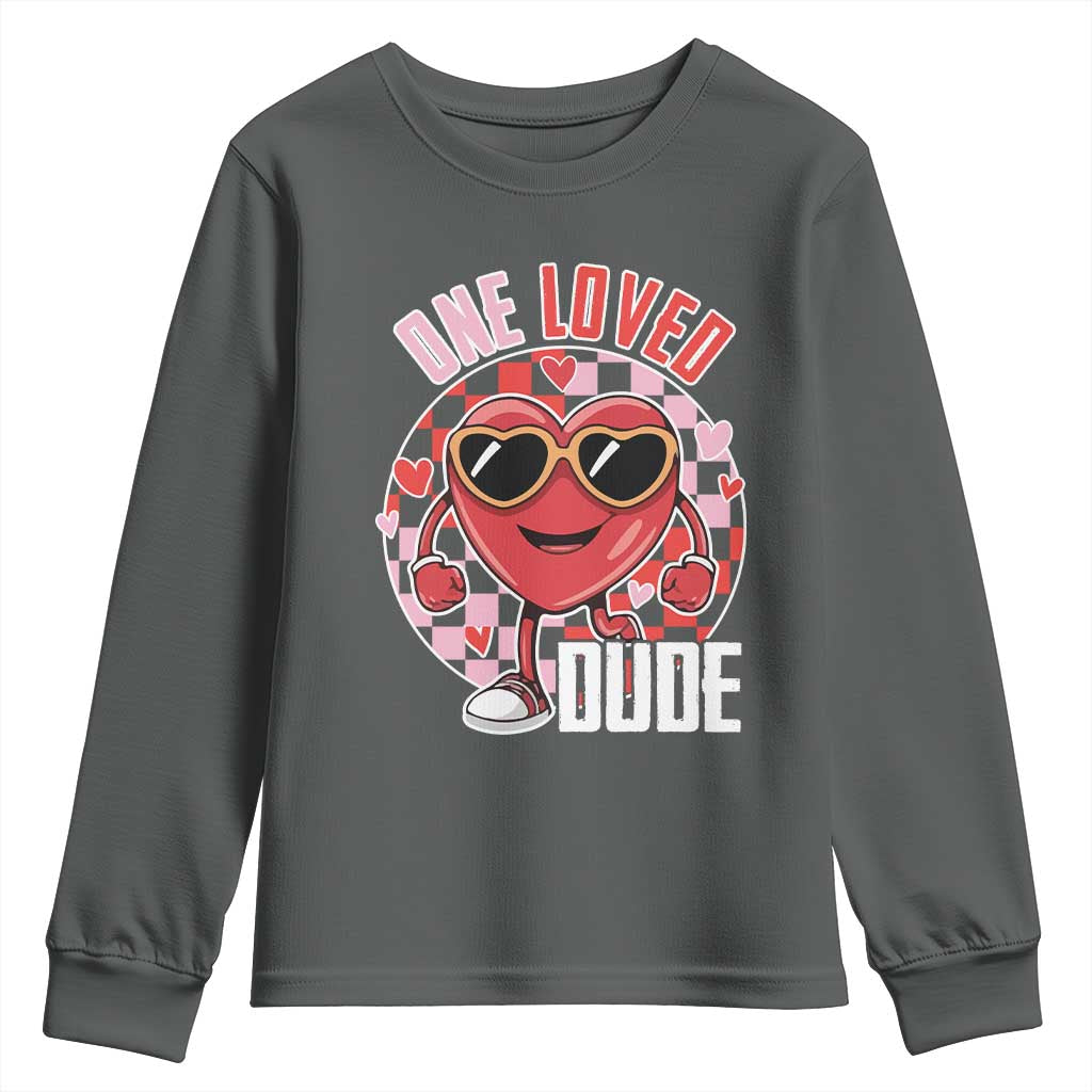 Funny Valentine's Day Youth Sweatshirt One Loved Dude Cute Heart Checkerboard TS11 Dark Heather Print Your Wear
