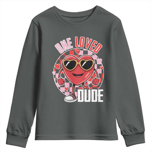 Funny Valentine's Day Youth Sweatshirt One Loved Dude Cute Heart Checkerboard TS11 Dark Heather Print Your Wear