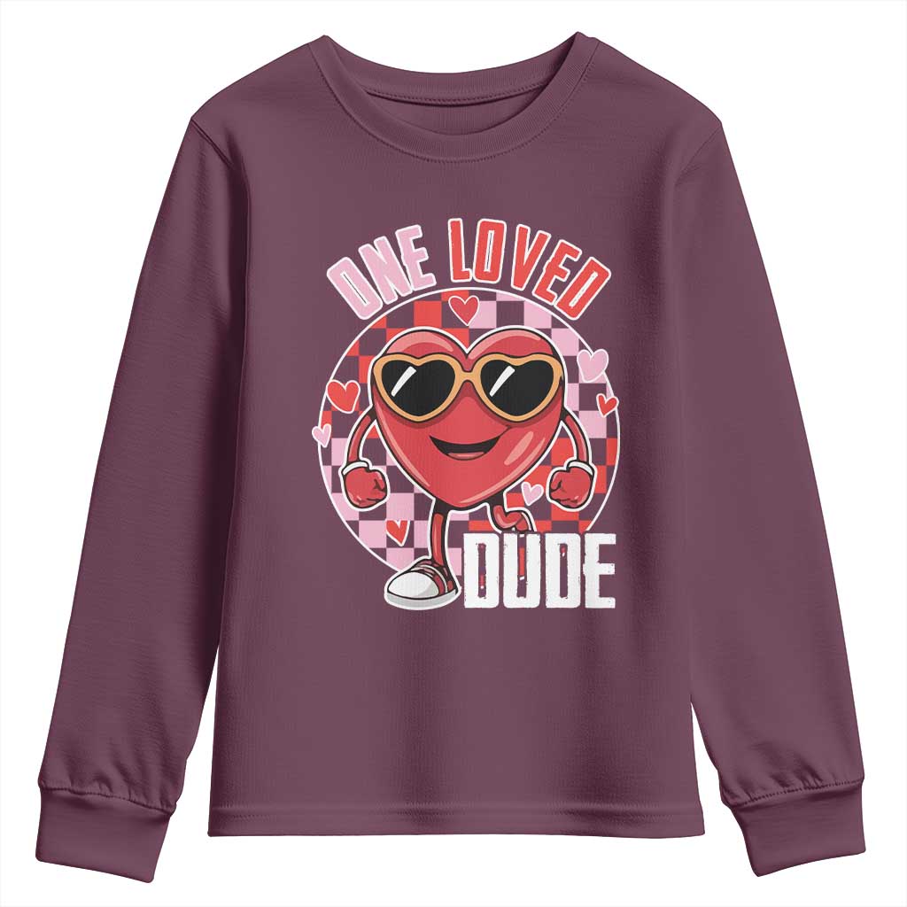 Funny Valentine's Day Youth Sweatshirt One Loved Dude Cute Heart Checkerboard TS11 Maroon Print Your Wear
