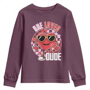 Funny Valentine's Day Youth Sweatshirt One Loved Dude Cute Heart Checkerboard TS11 Maroon Print Your Wear