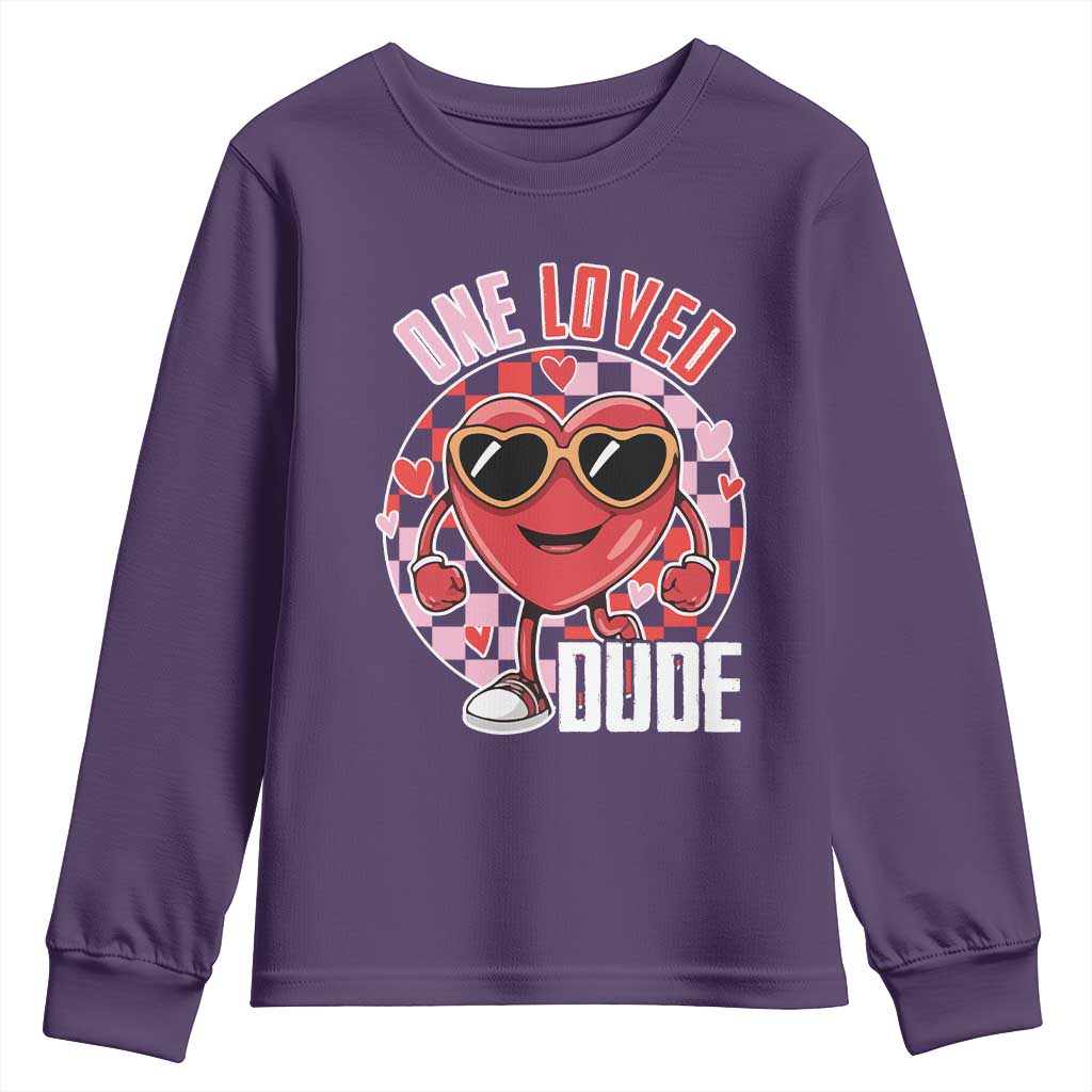 Funny Valentine's Day Youth Sweatshirt One Loved Dude Cute Heart Checkerboard TS11 Purple Print Your Wear