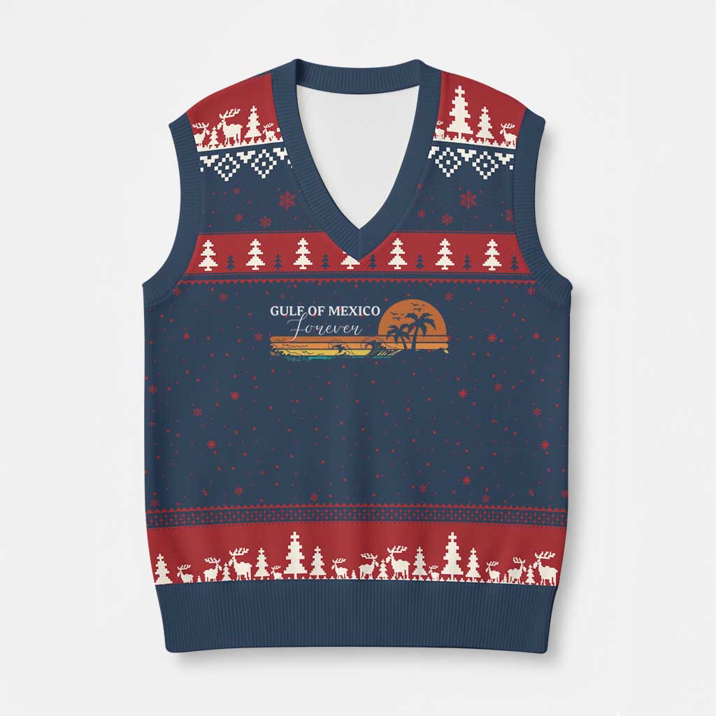 Gulf Of Mexico Forever V-Neck Knit Sweater Vest Beach Palm Treen Vintage Retro TS11 Navy Red Print Your Wear