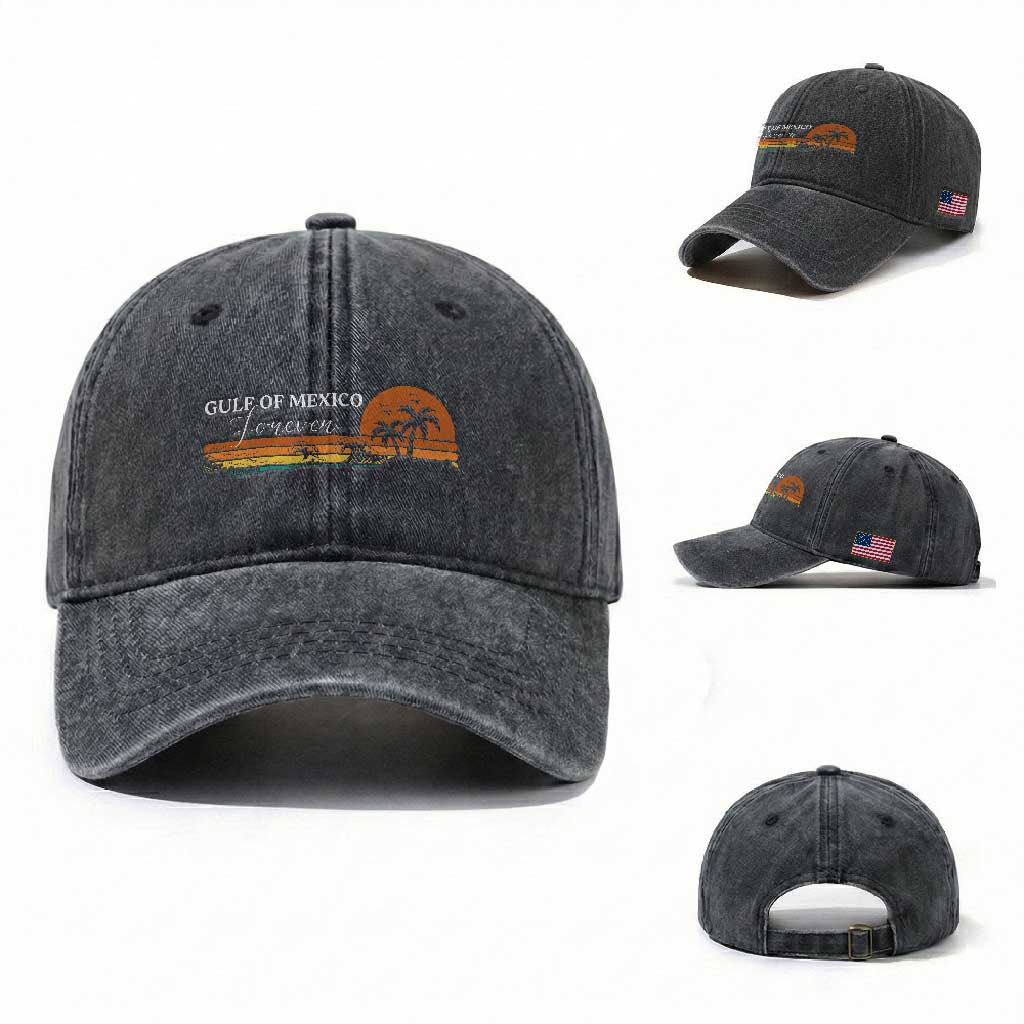 Gulf Of Mexico Forever Washed Cotton Baseball Cap Beach Palm Treen Vintage Retro TS11 Washed Cap Universal Fit Dark Gray Print Your Wear