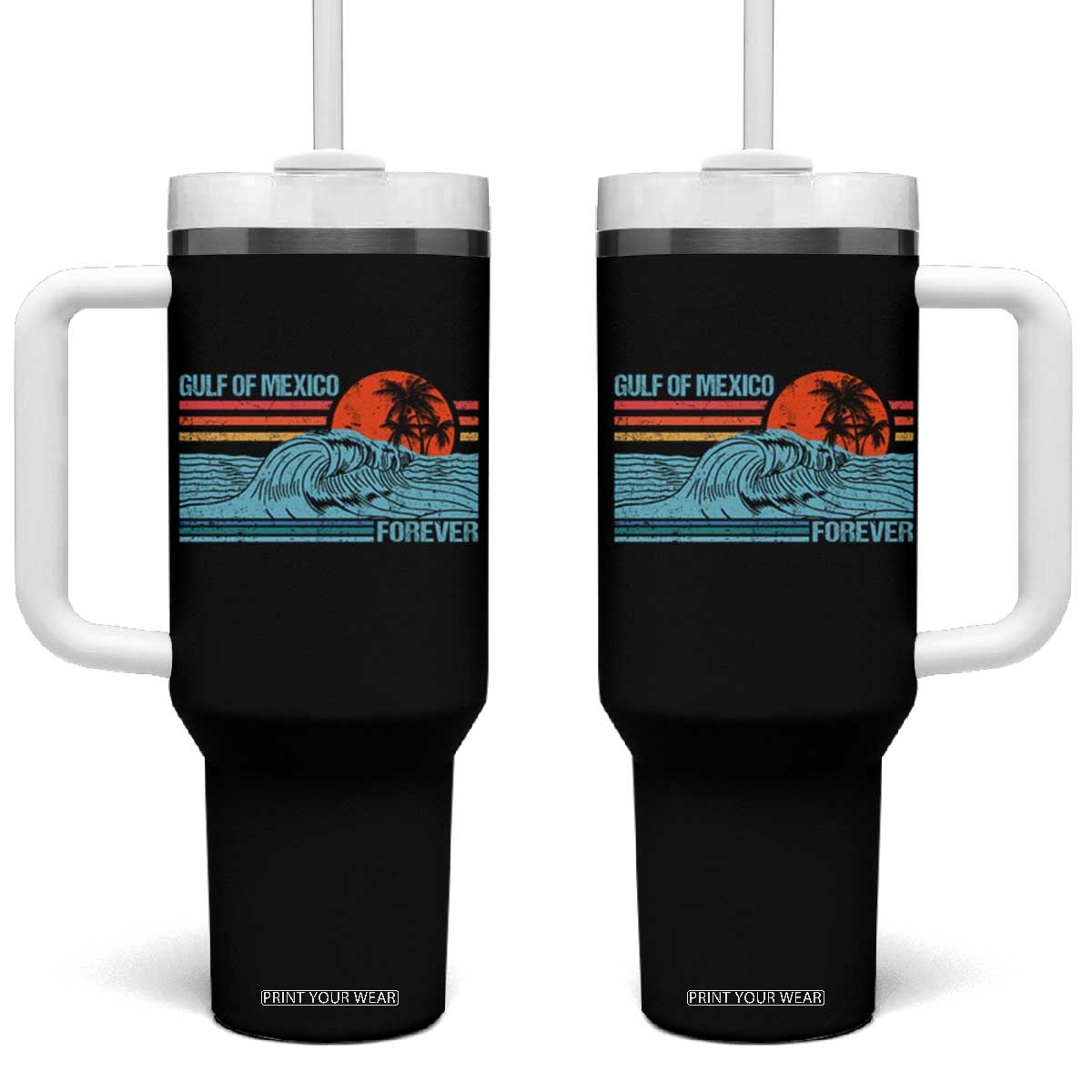 Gulf Of Mexico Forever Tumbler With Handle Vintage Retro Beach Coconut Tree TS11 One Size: 40 oz Black Print Your Wear