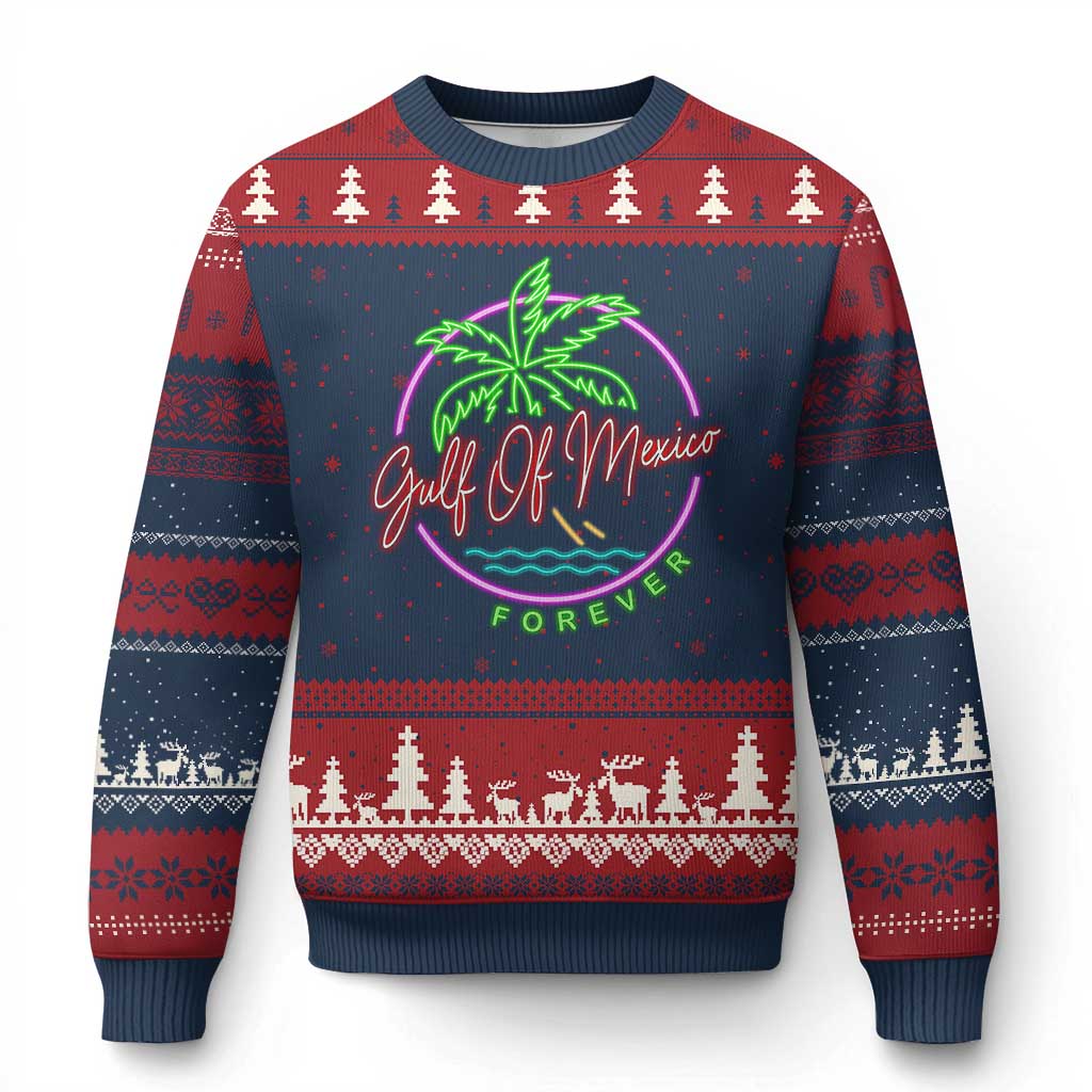 Gulf Of Mexico Forever Ugly Christmas Sweater Beach Coconut Palm Tree Neon Light TS11 Navy Red Print Your Wear