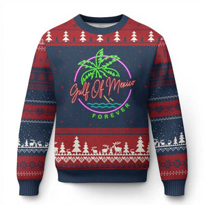 Gulf Of Mexico Forever Ugly Christmas Sweater Beach Coconut Palm Tree Neon Light TS11 Navy Red Print Your Wear