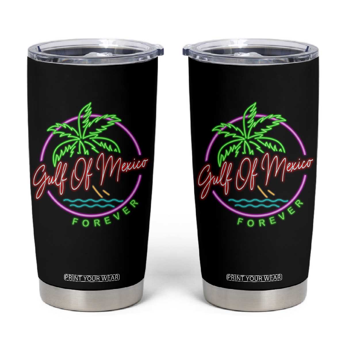 Gulf Of Mexico Forever Tumbler Cup Beach Coconut Palm Tree Neon Light TS11 Black Print Your Wear
